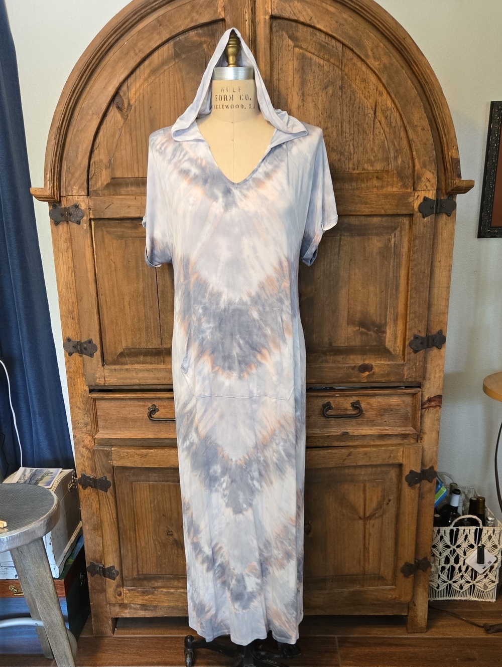 Tie-Dye Hooded Maxi Dress - Light Blue and Cream